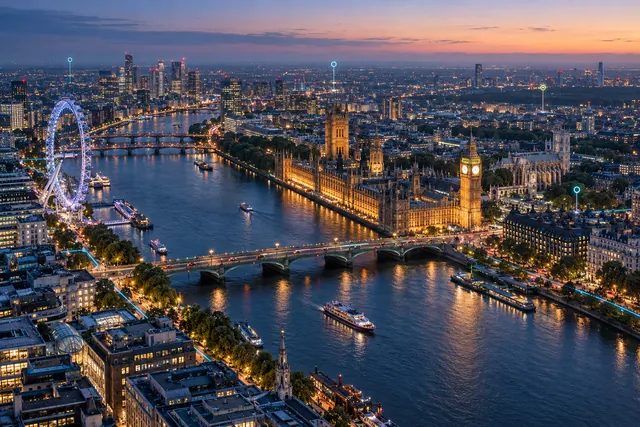 Aerial city artwork of Westminster, the River Thames and London Eye at dusk, with fine location markers