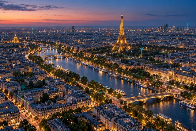 Aerial city artwork of the Eiffel Tower, the Seine and Paris rooftops at dusk, with fine luminous connections