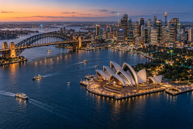 Aerial city artwork of Sydney Opera House, the Harbour Bridge and waterfront at dusk, with fine luminous routes