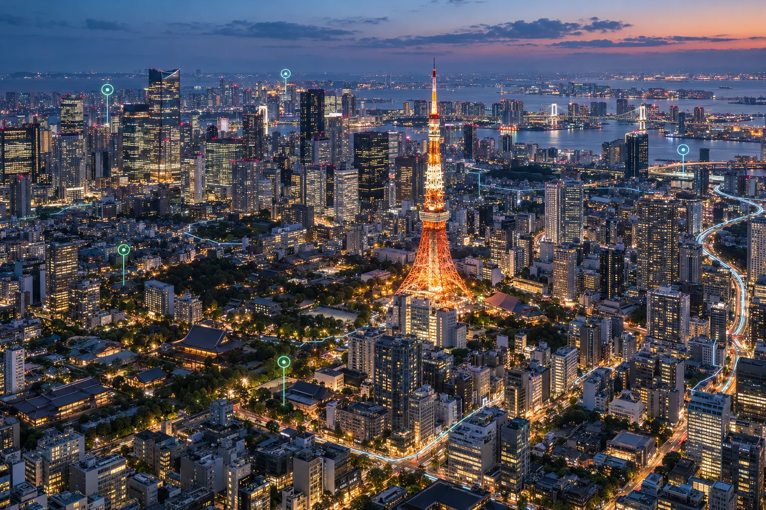 Aerial city artwork of Tokyo Tower, the surrounding city and Tokyo Bay at dusk, with fine luminous location markers